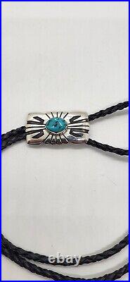 Vintage Thomas Singer Navajo Sterling Silver Turquoise Leather Bolo Tie