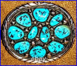Vintage Tommy Moore Navajo Sterling Silver Morenci Turquoise Cluster Belt Buckle