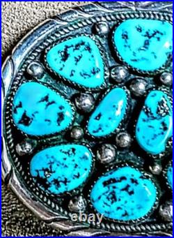 Vintage Tommy Moore Navajo Sterling Silver Morenci Turquoise Cluster Belt Buckle