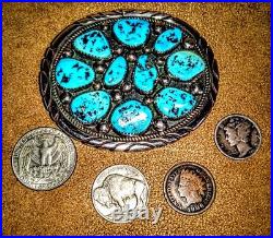 Vintage Tommy Moore Navajo Sterling Silver Morenci Turquoise Cluster Belt Buckle