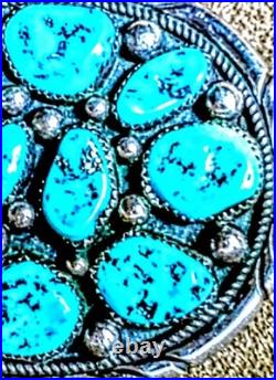 Vintage Tommy Moore Navajo Sterling Silver Morenci Turquoise Cluster Belt Buckle
