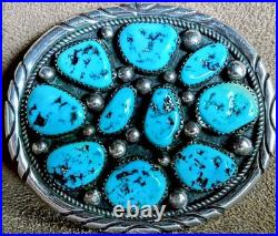 Vintage Tommy Moore Navajo Sterling Silver Morenci Turquoise Cluster Belt Buckle