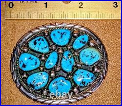 Vintage Tommy Moore Navajo Sterling Silver Morenci Turquoise Cluster Belt Buckle