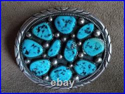 Vintage Tommy Moore Navajo Sterling Silver Morenci Turquoise Cluster Belt Buckle