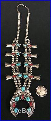 Vintage Turquoise, Coral & Sterling Silver Squash Blossom Necklace Dead Pawn