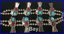 Vintage Turquoise, Coral & Sterling Silver Squash Blossom Necklace Dead Pawn