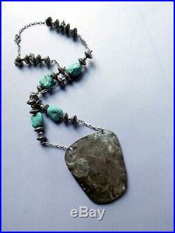 Vintage Turquoise Slab Large Pendant Sterling Silver Necklace Handmade Free Ship
