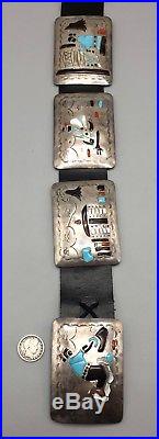 Vintage Turquoise & Sterling Silver Inlay Storyteller Concho Belt