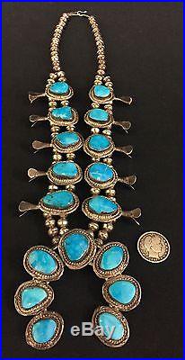 Vintage Turquoise & Sterling Silver Squash Blossom Necklace Dead Pawn