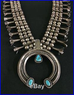 Vintage Turquoise & Sterling Silver Squash Blossom Necklace Dead Pawn Ingot