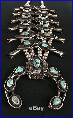 Vintage Turquoise & Sterling Silver Squash Blossom Necklace Dead Pawn Navajo