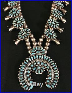 Vintage Turquoise & Sterling Silver Squash Blossom Necklace Navajo Begay