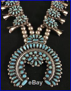Vintage Turquoise & Sterling Silver Squash Blossom Necklace Navajo Begay
