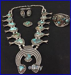 Vintage Turquoise & Sterling Silver Squash Blossom Necklace Set Bisbee