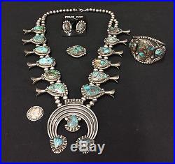 Vintage Turquoise & Sterling Silver Squash Blossom Necklace Set Bisbee