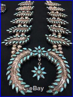 Vintage Turquoise & Sterling Silver Squash Blossom Set Dead Pawn 3 Pieces