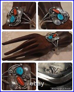 Vintage Yazzie signed Navajo Sterling Kingman Turquoise & Coral Cuff Bracelet