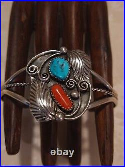 Vintage Yazzie signed Navajo Sterling Kingman Turquoise & Coral Cuff Bracelet