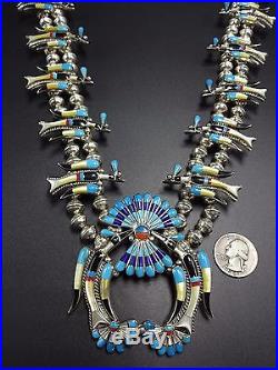 Vintage ZUNI Sterling Silver TURQUOISE Inlay Peyote Bird SQUASH BLOSSOM Necklace