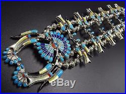 Vintage ZUNI Sterling Silver TURQUOISE Inlay Peyote Bird SQUASH BLOSSOM Necklace