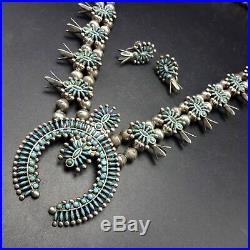 Vintage ZUNI Sterling TURQUOISE Needlepoint SQUASH BLOSSOM Necklace Earrings SET