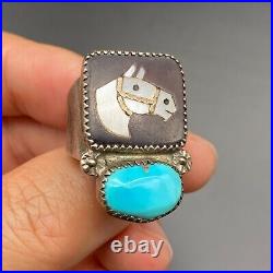 Vintage Zuni Simplicio Turquoise MOP Horse Sterling Silver Ring Size 8