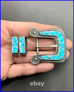 Vintage Zuni Sterling Silver Fish Scale Inlay Turquoise Ranger Belt Buckle Set