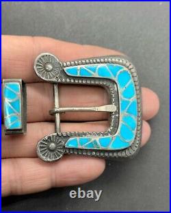 Vintage Zuni Sterling Silver Fish Scale Inlay Turquoise Ranger Belt Buckle Set