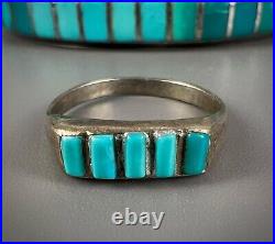 Vintage Zuni Sterling Silver Turquoise Inlay Cuff Bracelet & Ring Set GORGEOUS