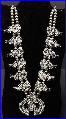 Vintage Zuni Turquoise & Sterling Silver Squash Blossom Necklace Dead Pawn