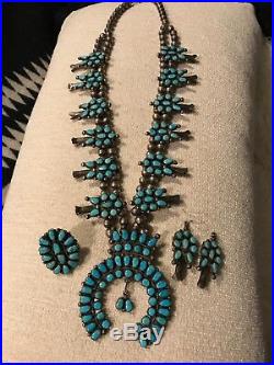 Vintage Zuni Turquoise and Sterling Silver Squash Blossom Necklace
