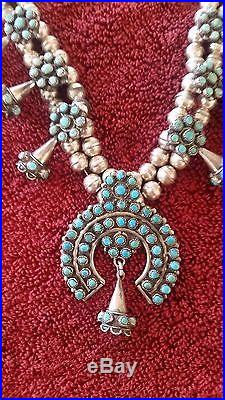 Vintage Zuni turquoise cluster sterling silver Squash Blossom necklace 24