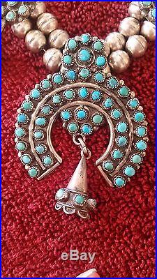 Vintage Zuni turquoise cluster sterling silver Squash Blossom necklace 24