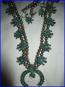 Vintage Zuni turquoise petit point Zuni squash blossom necklace with earrings