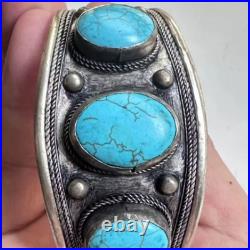 Vintage native american navajo sterling silver turquoise 3 stone cuff bracelet