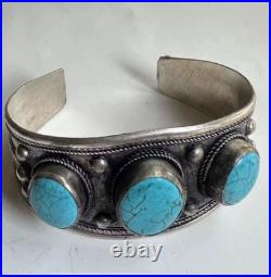 Vintage native american navajo sterling silver turquoise 3 stone cuff bracelet