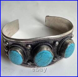 Vintage native american navajo sterling silver turquoise 3 stone cuff bracelet