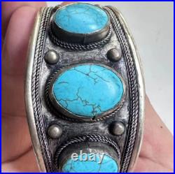 Vintage native american navajo sterling silver turquoise 3 stone cuff bracelet