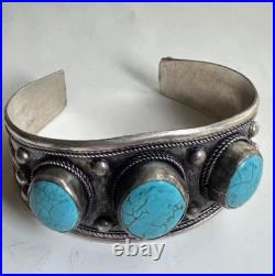 Vintage native american navajo sterling silver turquoise 3 stone cuff bracelet