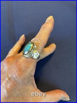 Vintage sterling silver Navajo men's turquoise horseshoe horseheads ring 10 1/2 Vintage sterling silver Navajo men's turquoise horseshoe horseheads ring 10 1/2