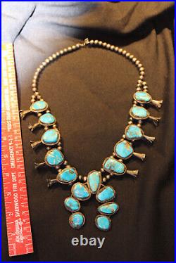 Vtg 1940's NAVAJO TURQUOISE Squash Blossom 162 g 22 Sterling Silver Necklace