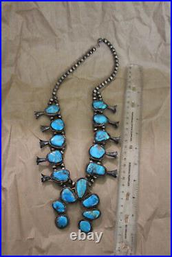 Vtg 1940's NAVAJO TURQUOISE Squash Blossom 162 g 22 Sterling Silver Necklace