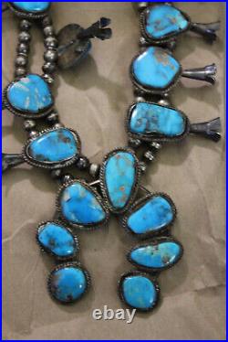 Vtg 1940's NAVAJO TURQUOISE Squash Blossom 162 g 22 Sterling Silver Necklace