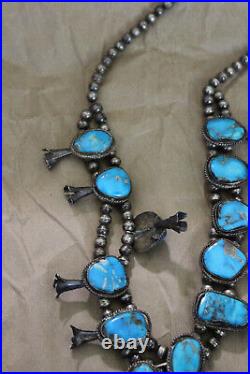 Vtg 1940's NAVAJO TURQUOISE Squash Blossom 162 g 22 Sterling Silver Necklace