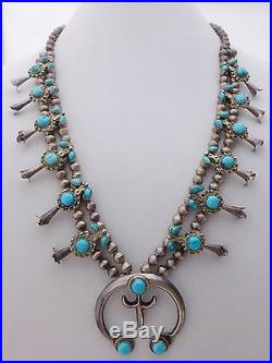 Vtg 40's Old Pawn Navajo Sterling Silver Bead Squash Blossom Turquoise Necklace