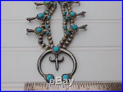 Vtg 40's Old Pawn Navajo Sterling Silver Bead Squash Blossom Turquoise Necklace