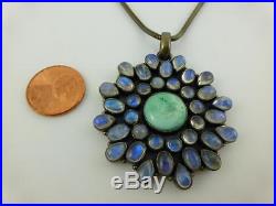 Vtg 925 Sterling Silver Iredescent Moonstone Turquoise Pendant Chain Necklace