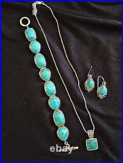 Vtg Barse Sterling Silver Turquoise Bracelet, Necklace & Earring Set Beautiful