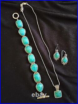 Vtg Barse Sterling Silver Turquoise Bracelet, Necklace & Earring Set Beautiful