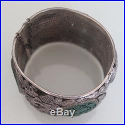 Vtg Chinese Export Sterling Silver Filigree Carved Turquoise 2 Wide Bracelet